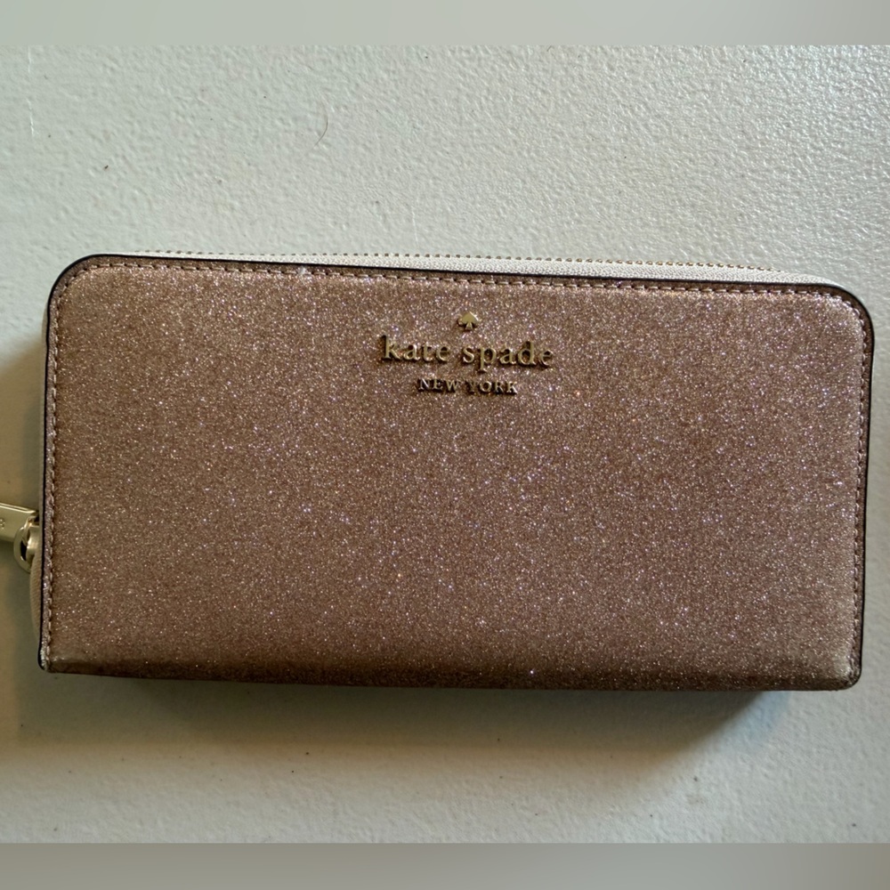 New Kate Spade Women’s Shimmy Tinsel Glitter Large Continental Wallet Rose Gold